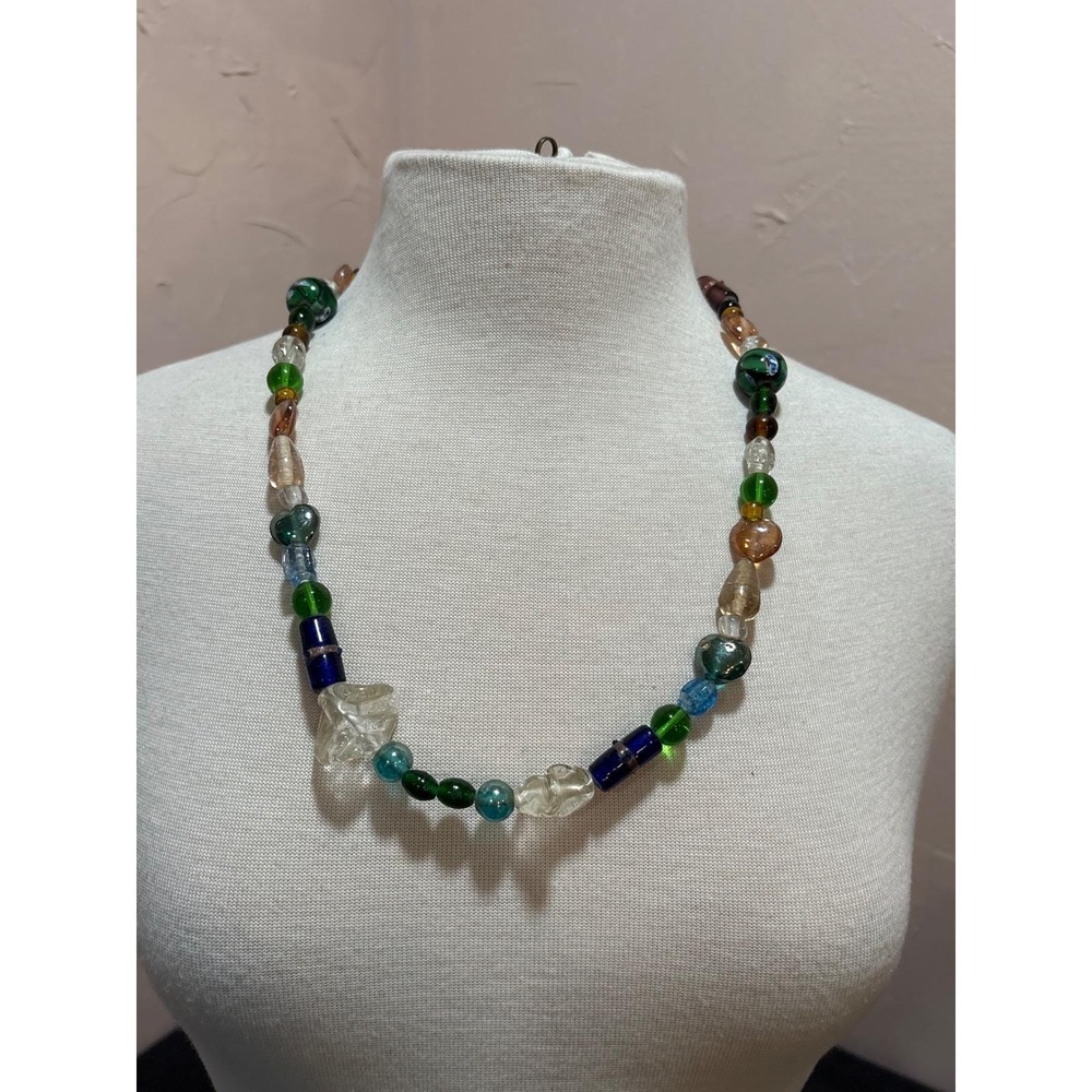 Boho Glass Colorful Beaded Necklace Long Green Blue Brown 22 Inch‎ Vintage Style